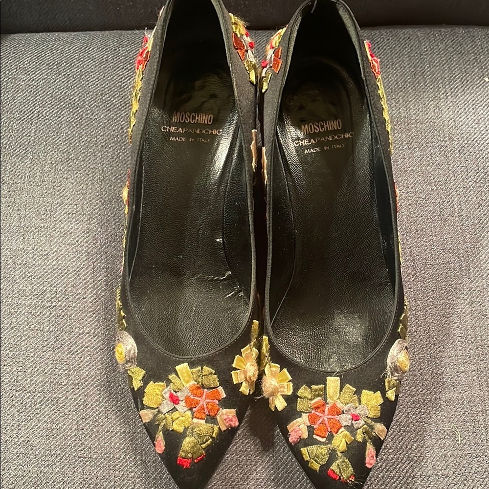 Moschino Black and Red Floral Heels with Pointed Toe